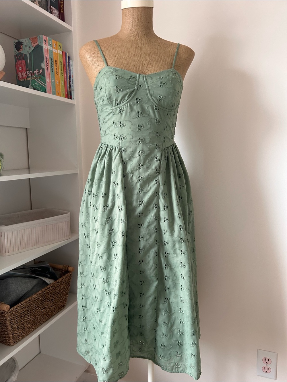 Sage Eyelet Spaghetti-Strap Midi Dress
